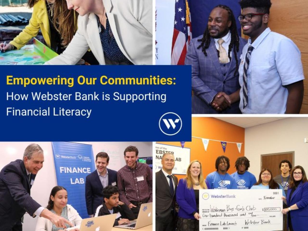 Collage of people shaking hands, Adults helping kids working on laptops, and a group posed with a large check. "Empowering communities..."