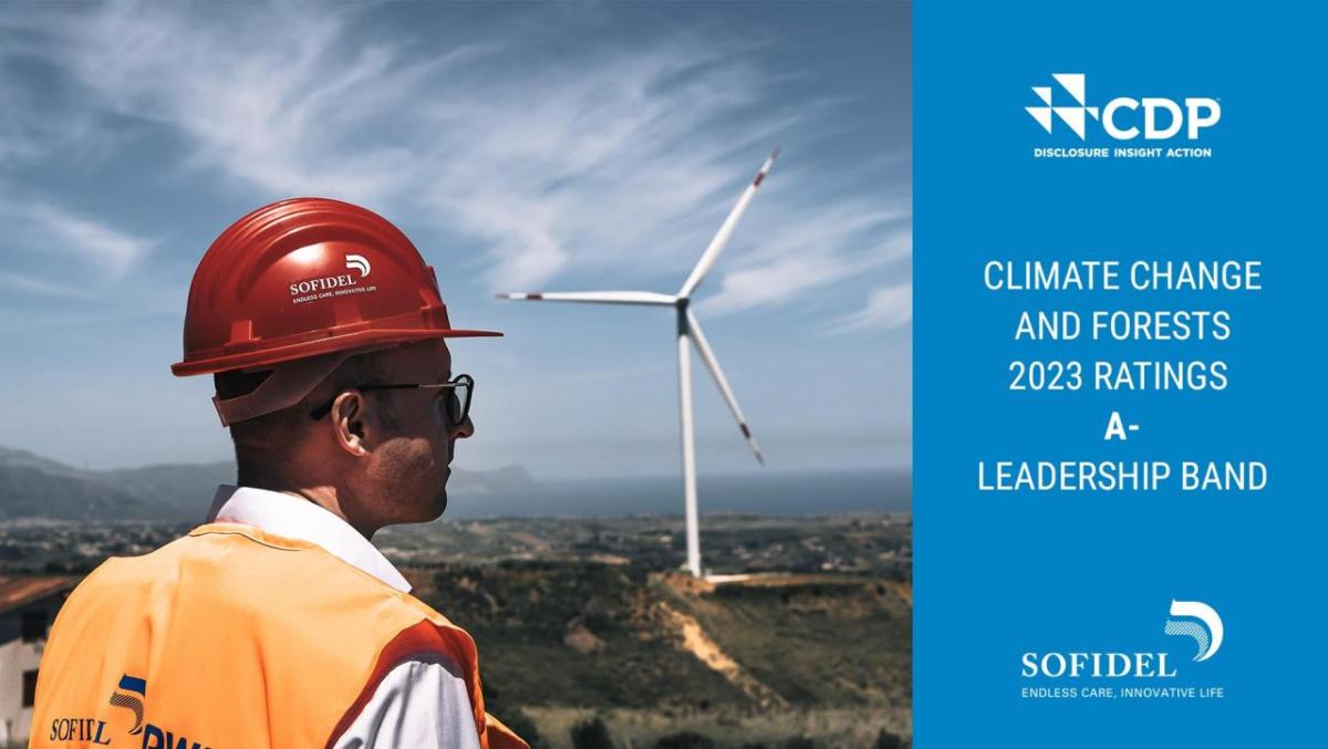 CDP logo with "Climate Change and Forests 2024 Ratings, A- Leadership Band" with image of person in front of windmill