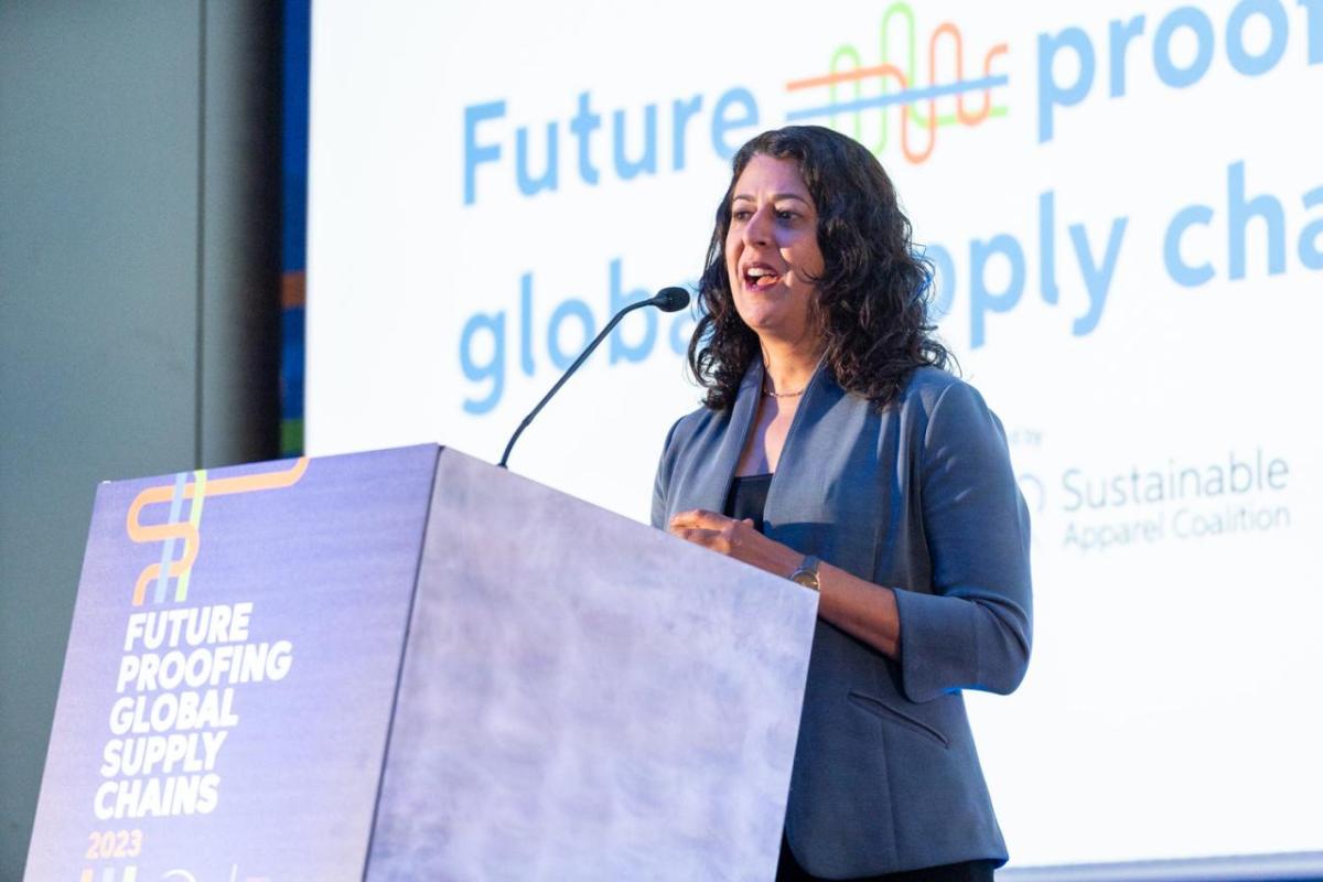Amina Razvi, CEO, Sustainable Apparel Coalition during her welcome address at Planet Textiles 2023 in Milan, Italy