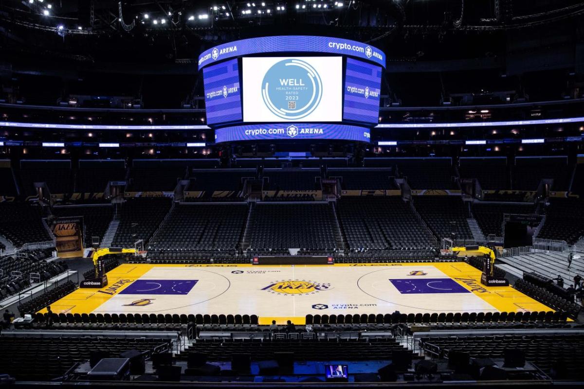 Looking at Crypto.com Arena court with Well Health-Safety rating logo on screen
