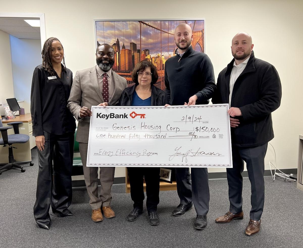 Leaders from KeyBank made a check presentation to Genesis Housing on February 9th.  Pictured from left are KeyBank Branch Manager Ashley Bowen; KeyBank Corporate Responsibility Officer Chiwuike Owunwanne; Genesis Housing Executive Director, Judith Memberg; KeyBank Market President and Market Retail Leader, Youseff Tannous; KeyBank Area Retail Leader Robert Lombardo.