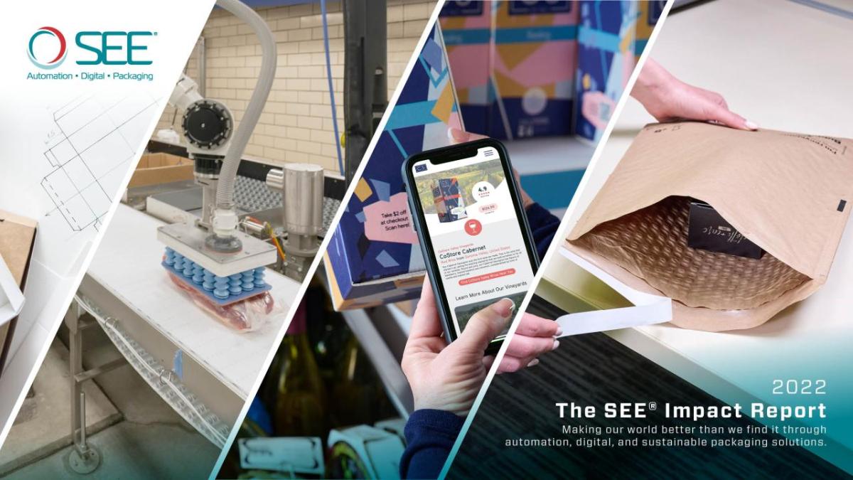 The cover of SEE's 2022 Impact Report depicting the companies focus on automation, digital and sustainability with a collection of three images illustrating from left to right: an automated machine packaging fresh red meat, a hand holding a mobile phone showing information from a QR code on a package, and a paper mailing envelope being prepared for shipping