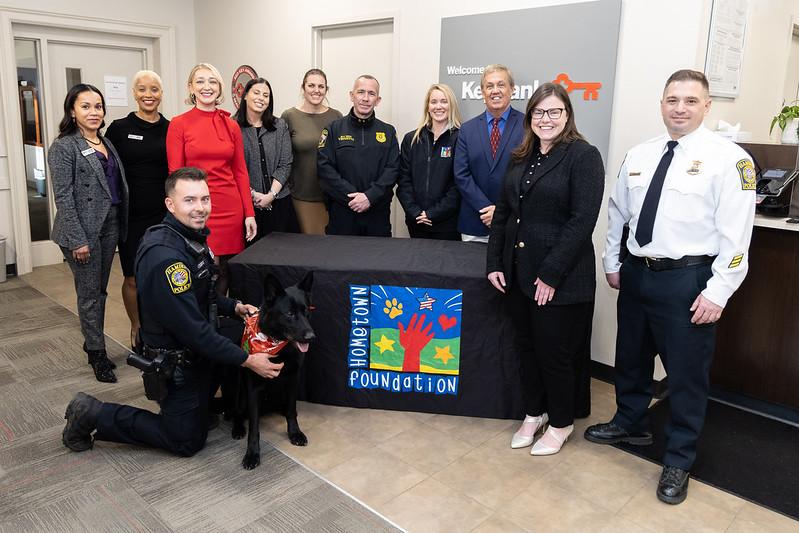 Hamden Police, KeyBank and The Hometown Foundation shown with K-9 Jet.