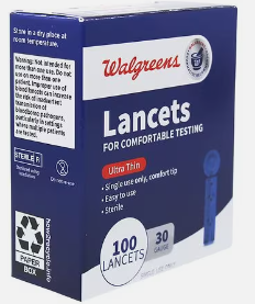 A Walgreens label box "Lancets"