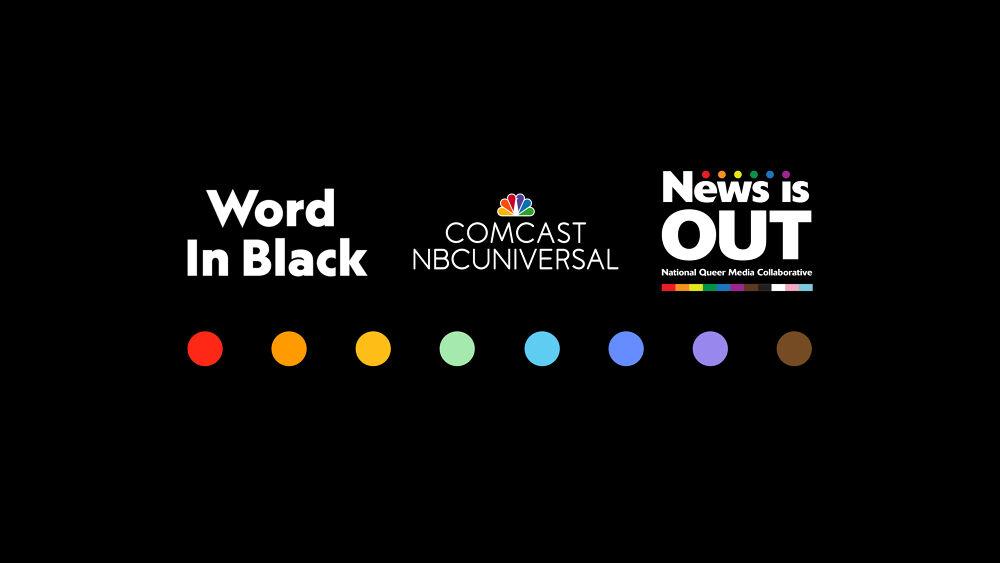 Logos for "Word in Black", "Comcast NBCUniversal", and "News Is Out" on top of rainbow colored dots.