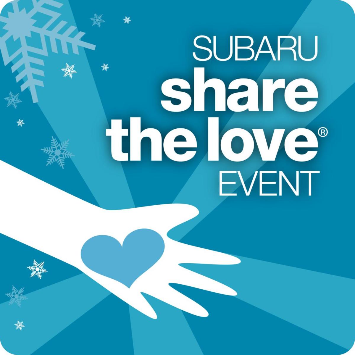 SUBARU share the love event logo, blue black ground with snowflakes and a hand with a blue heart on the the palm 