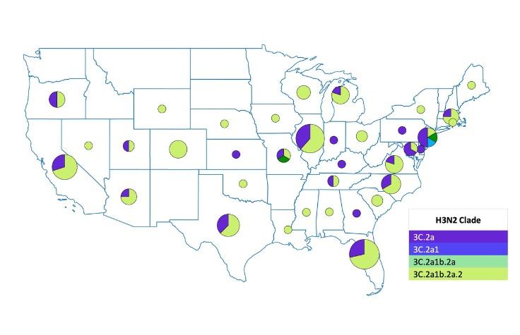 A map of the United States showing the geographic distribution of Influenza A virus (H3N2) detections. The viral clades detected in each state are shown as pie charts scaled by the number of H3N2 detections in that state.
