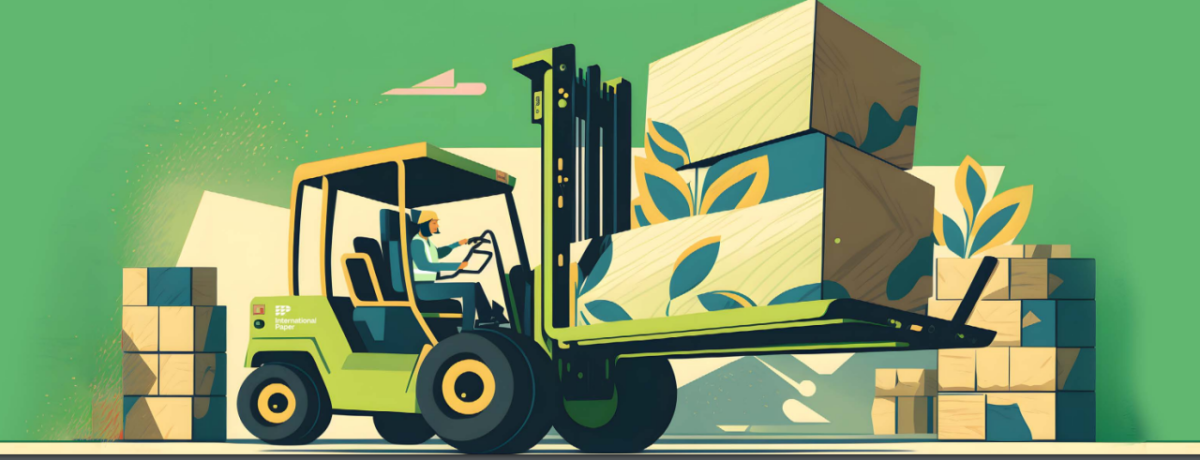 digital drawing of a person using a forklift to move stacks of wood.