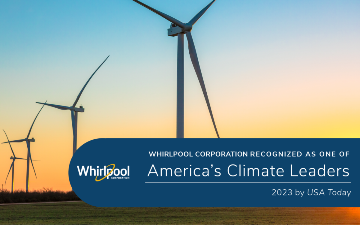 Wind turbines with Whirlpool logo and text: Whirlpool Corporation Recognized as one of America's Climate Leaders 2023 by USA Today