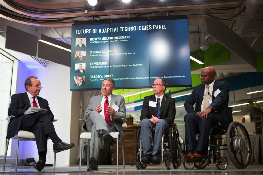 Future of Adaptive Technologies Panel. Pictured (from left to right): Dr. Kevin Vigilante (Chief Medical Officer, Booz Allen Hamilton), Joe Verrengia (Global Director of Social Responsibility, Arrow Electronics), Dr. Rory Cooper (Founding Director and VA Senior Research Career Scientist, Human Engineering Research Laboratories), and Sherman Gillums, Jr (Executive Director, Paralyzed Veterans of America).