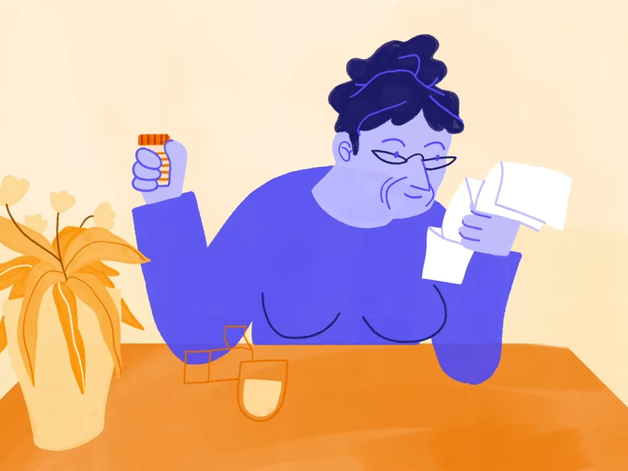 An illustration of a person holding a medicine bottle and reading a piece of paper