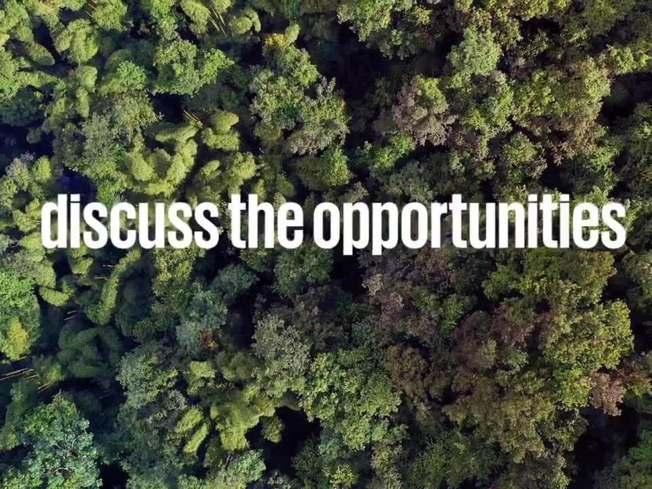 "discuss the opportunities" over an aerial view of a dense tree canopy.