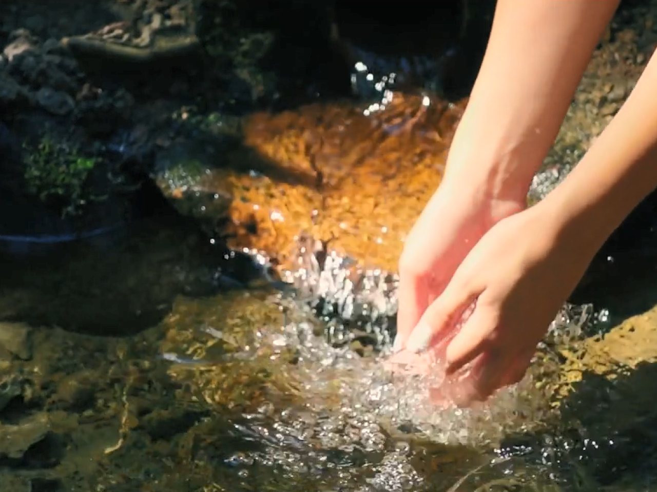 Two hands scooping up water from a stream.