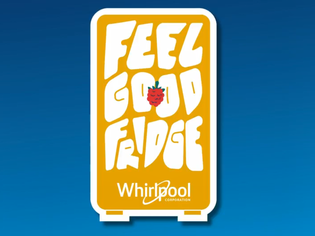 "Feel Good Fridge" and whirlpool logo inside an orange refrigerator shape.