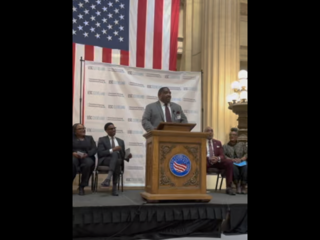 Brian Maddox, National Team Leader for KeyBank CDFI Lending and Investment speaks at the press conference announcing the Cleveland Housing Investment Fund.