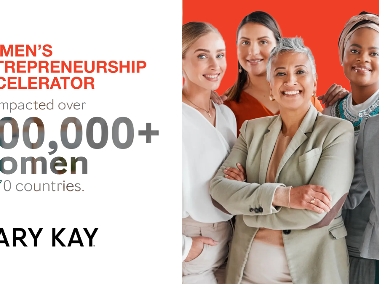 "Women's Entrepreneurship Accelerator has impacted over 600,000+ women in 170 countries. Mary Kay" written in red and black text on a white background next to an image of a group of diverse women against a red background