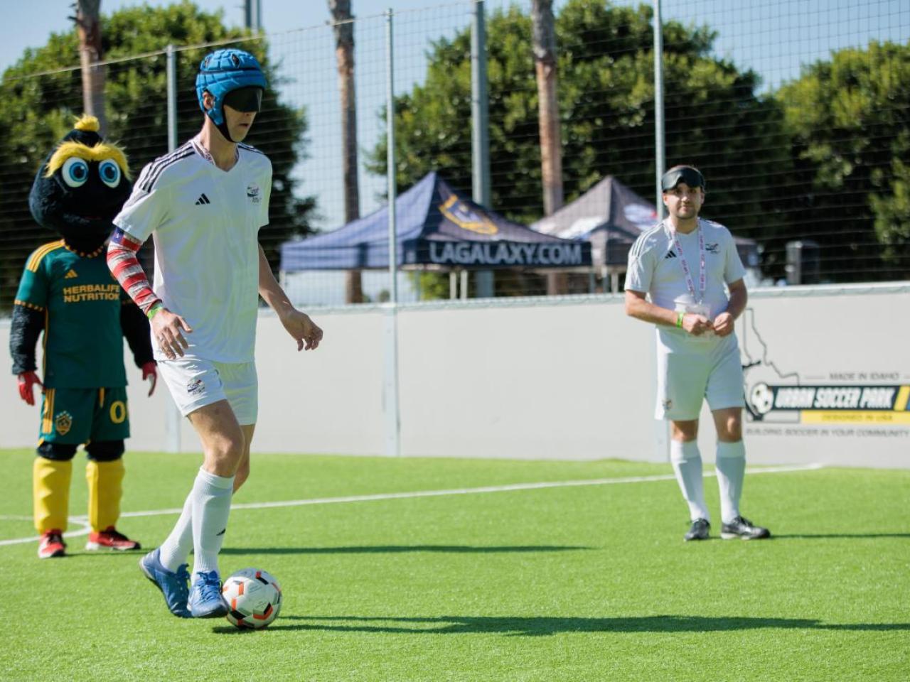A member of the USA Blind Soccer Men’s National Team performing drills at Dignity Health Sports Park.