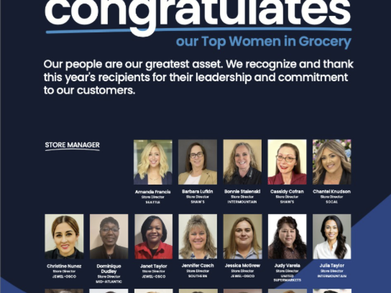 "Albertsons Companies congratulates our Top Women in Grocery | Our people are our greatest asset. We recognize and thank this year's recipients for their leadership and commitment to our customers." Following are pictures of the Store Manager TWIG Winners