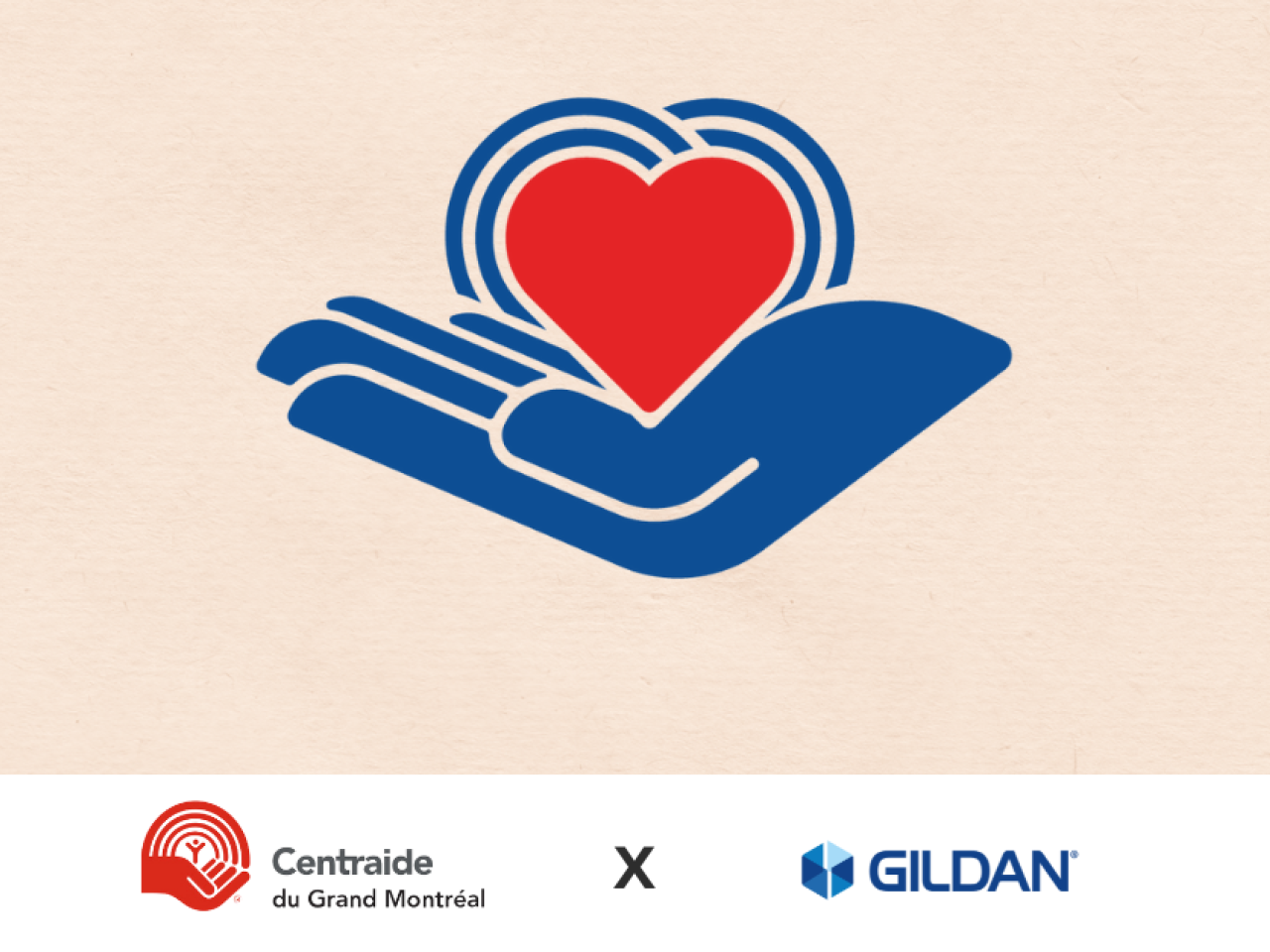 A blue hand holding a read heart, against a beige background, featuring the Centraide and Gildan logos at the bottom