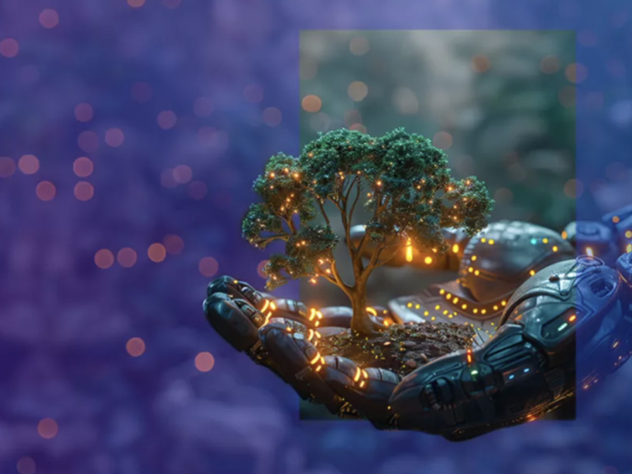 An AI image of a small tree growing in the palm of a robotic hand 