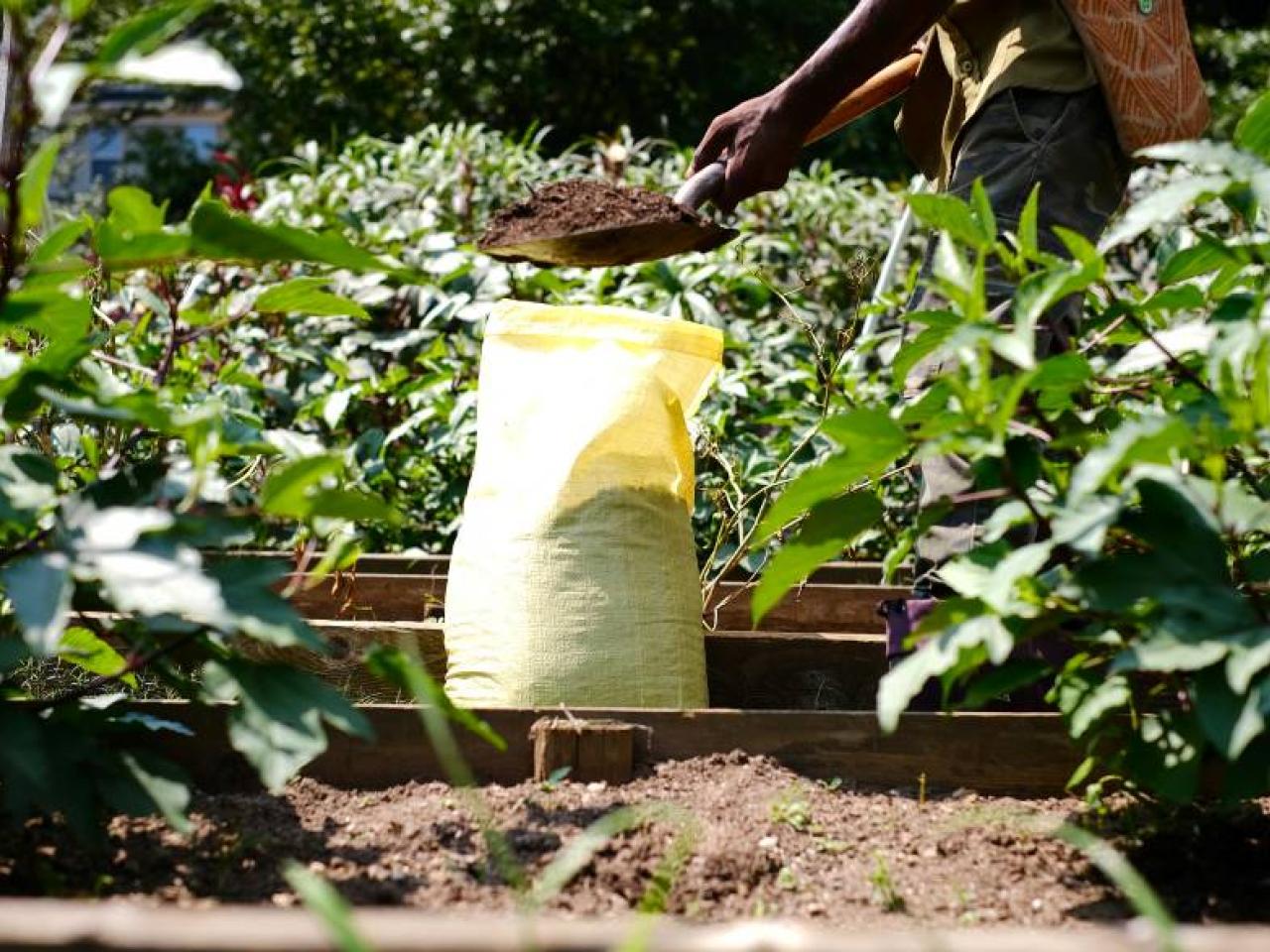 bag of compost in a garden