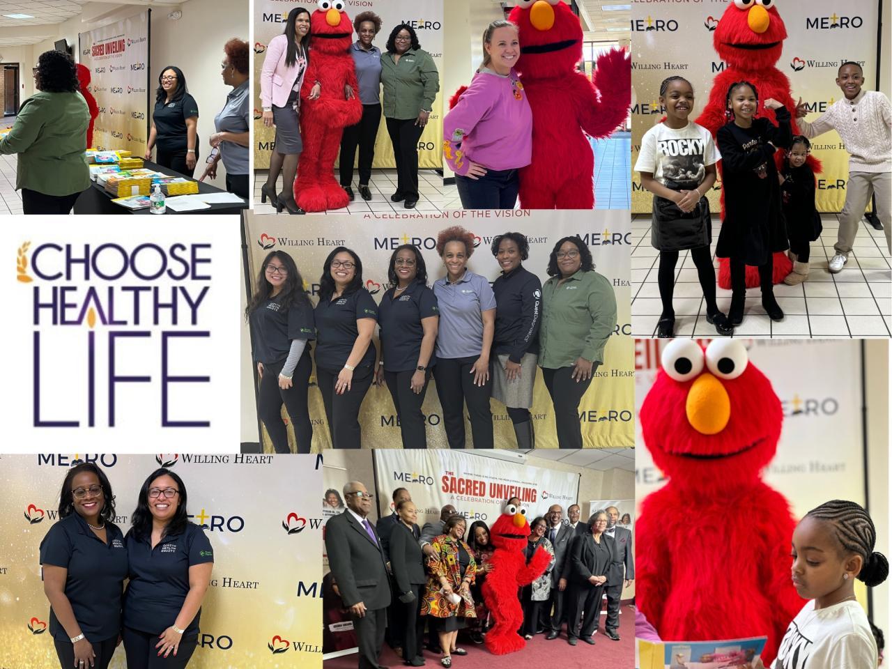 Collage of pictures from the Choose Healthy Life event, some featuring a person dressed as Elmo.