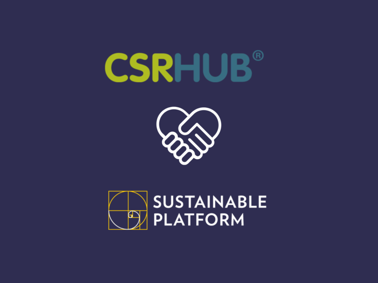 CSRHub and Sustainable Platform partnership announcement. The image features the CSRHub logo at the top, a handshake icon symbolizing collaboration in the center.