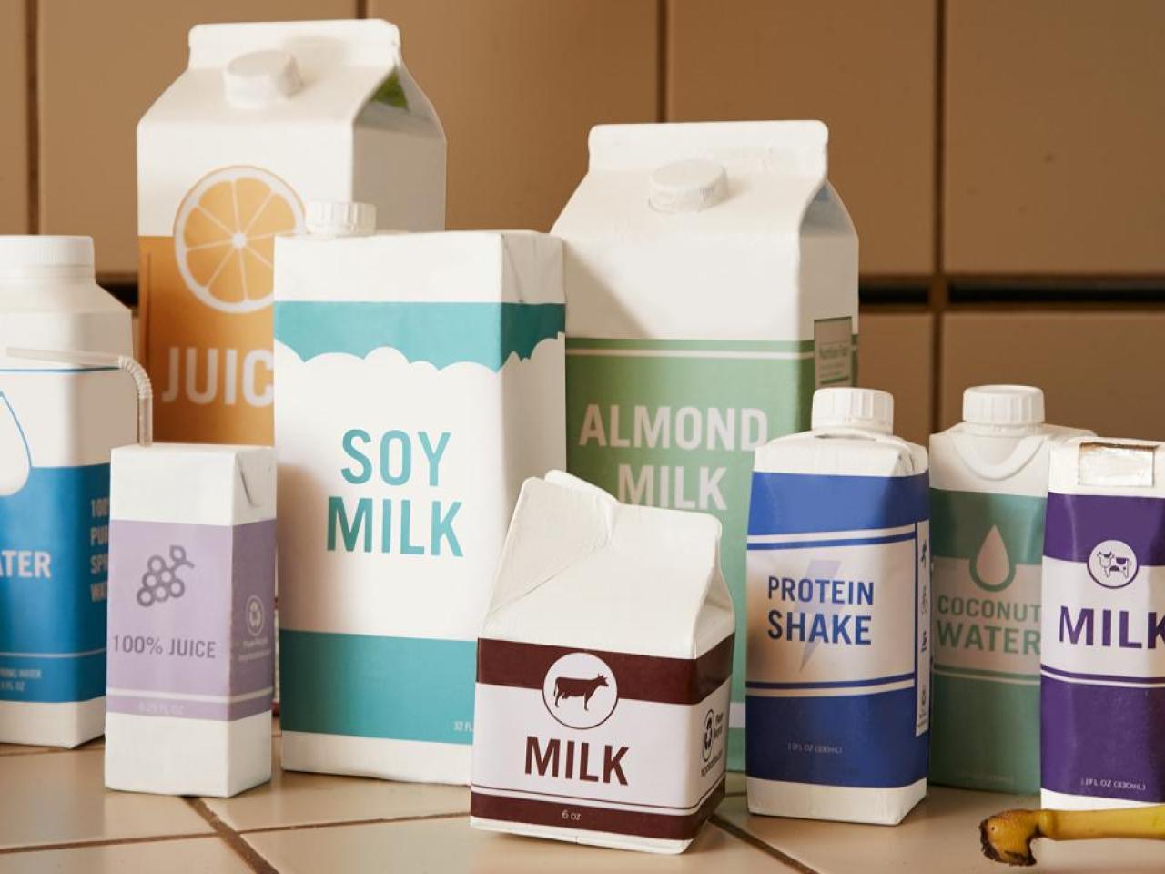 A variety of generic cartons on a counter.
