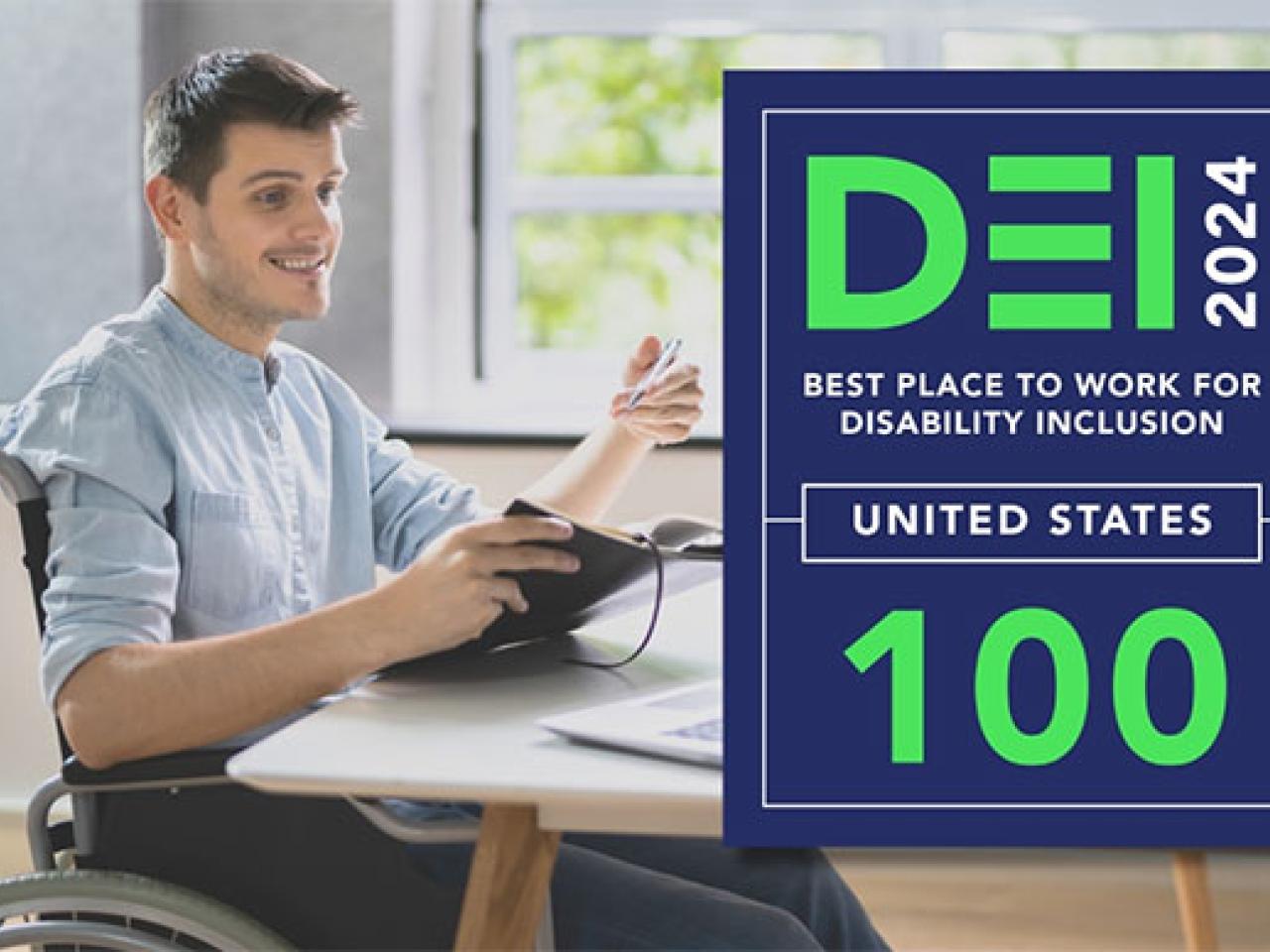 A smiling person in a wheelchair at a desk, looking at a laptop. "DEI 2024" badge.