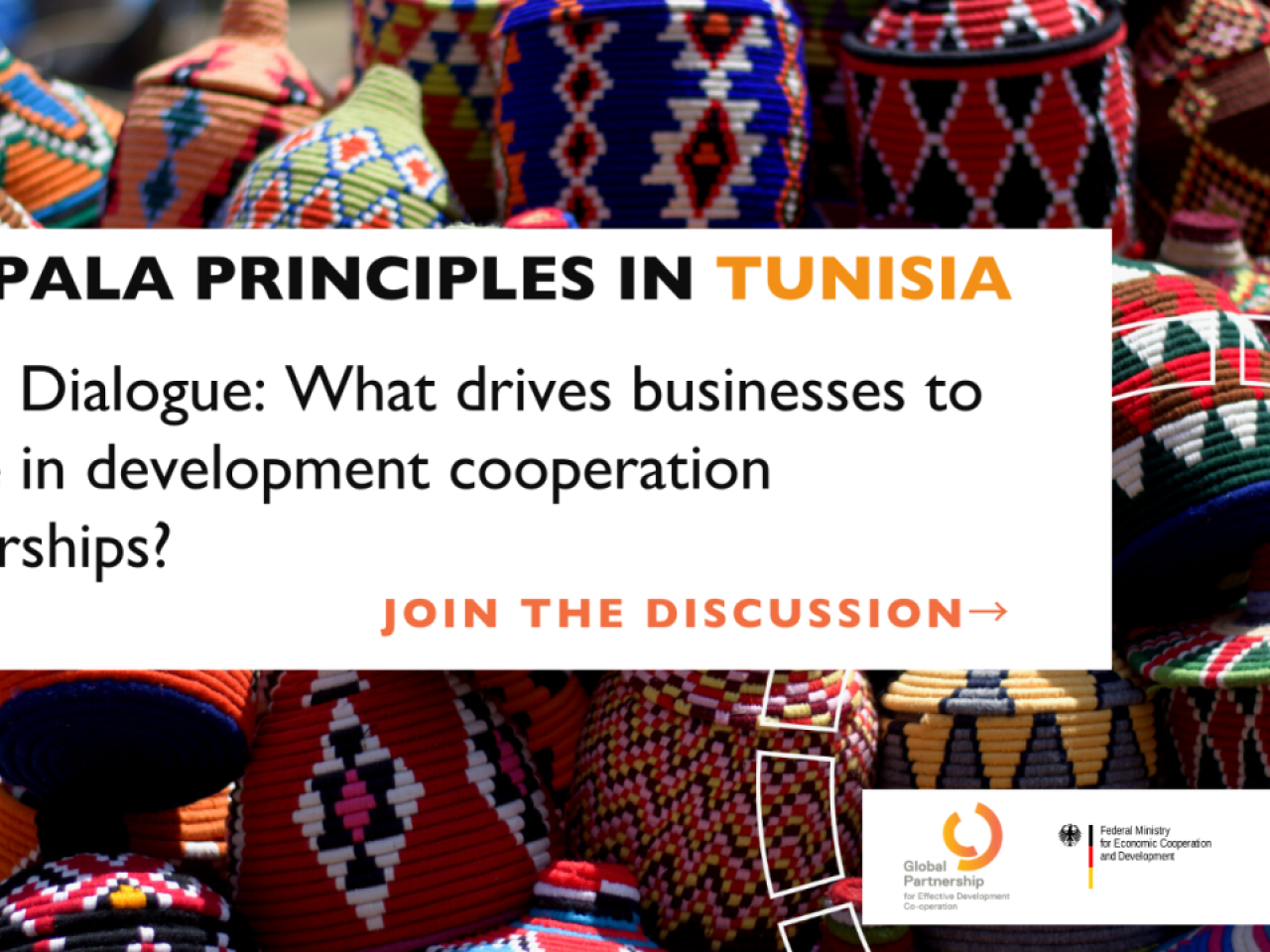 Banner image reading, "Kampala Principles in Tunisia: Action in dialogue: What drives businesses to engage in development cooperation partnerships? Join the discussion."