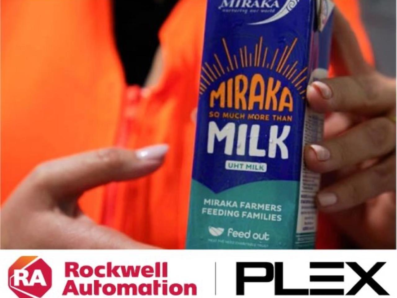 Hands holding container of Miraka Milk with Rockwell and PLEX logos below