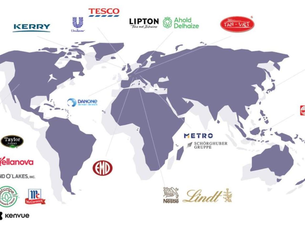 World map with SSCI member company logos 