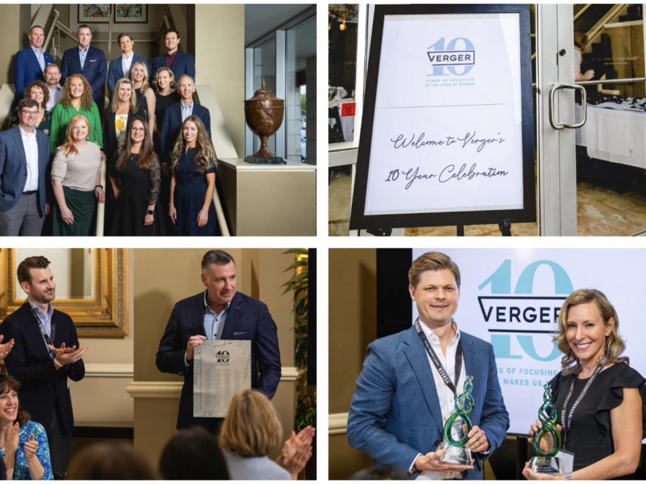 image collage of Verger's 10-year anniversary event for investors