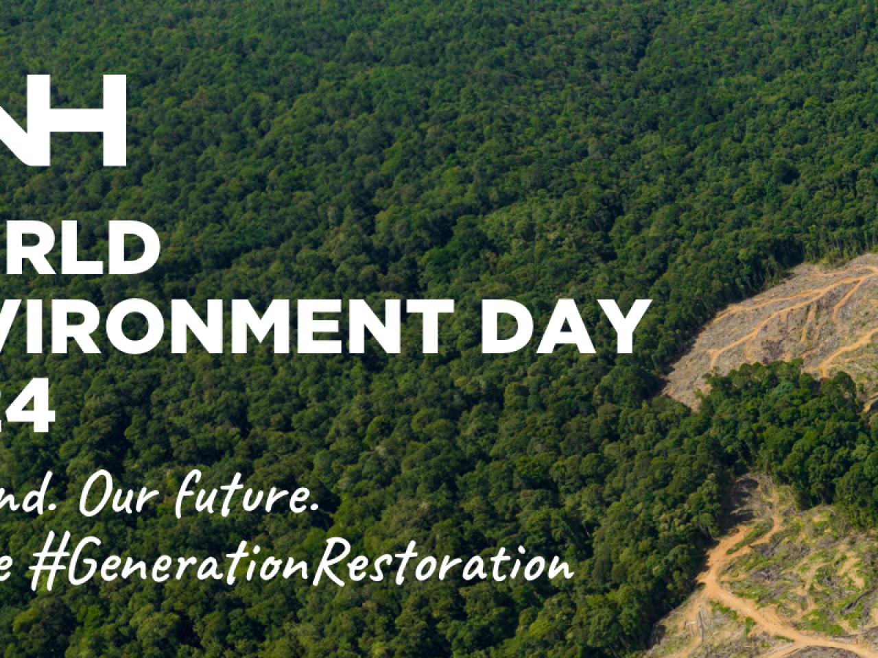 Over an aerial view of a wooded area "CNH World Environment Day 2024."