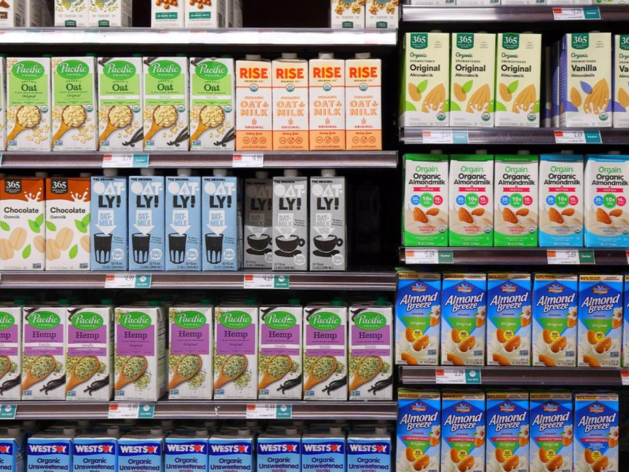 Shelves of different cartons of food and drink items.