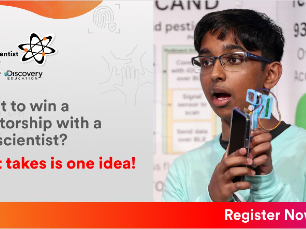 young person with "Want to win a mentorship with a 3M scientist? All it takes is one idea!"