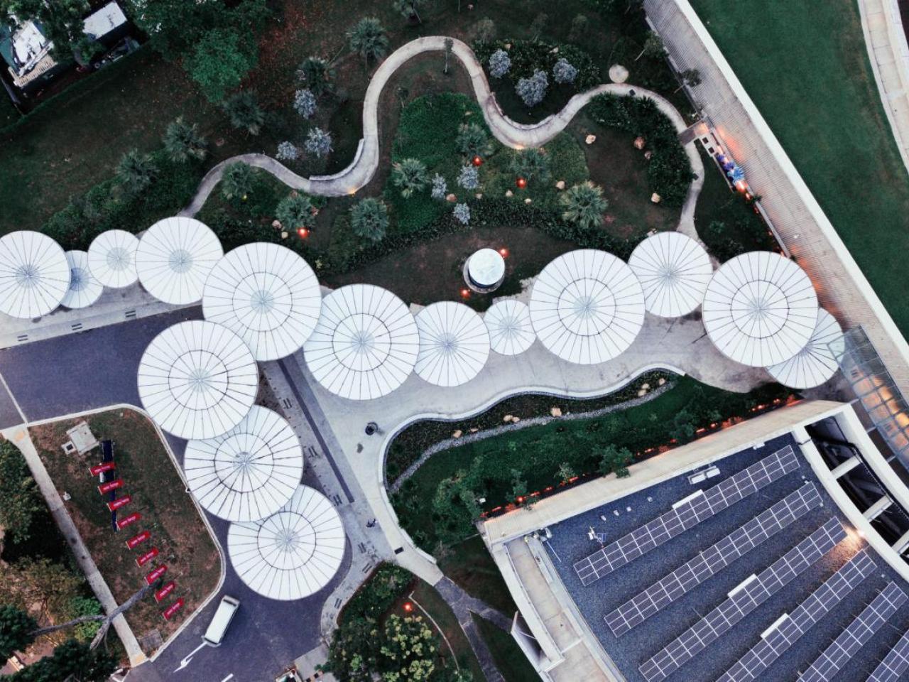 circular roofs in a modern landscape