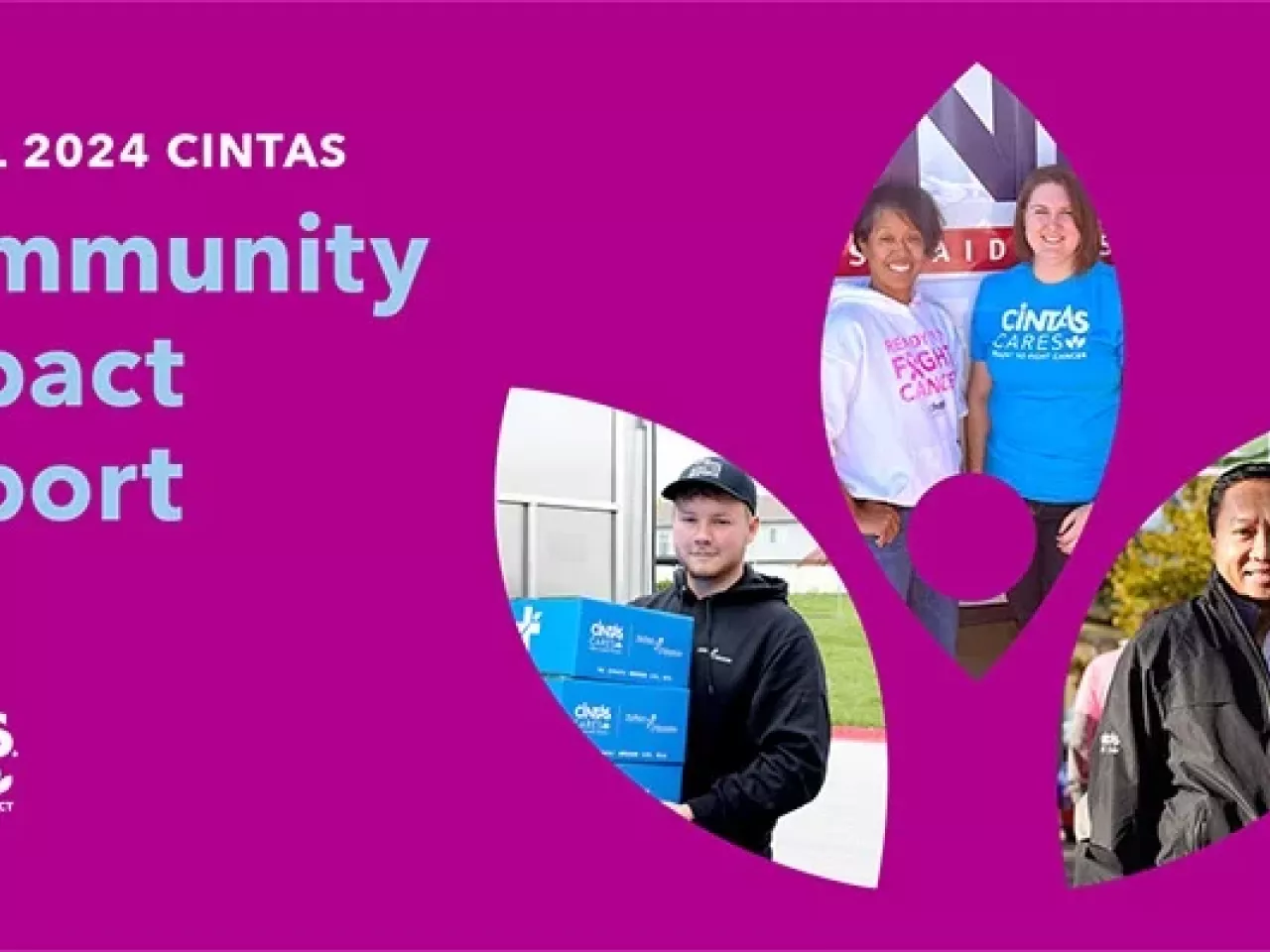 Cover page "Fiscal 2024 Cintas Community Impact Report" on the right a collage of different people in leaf shaped framing.