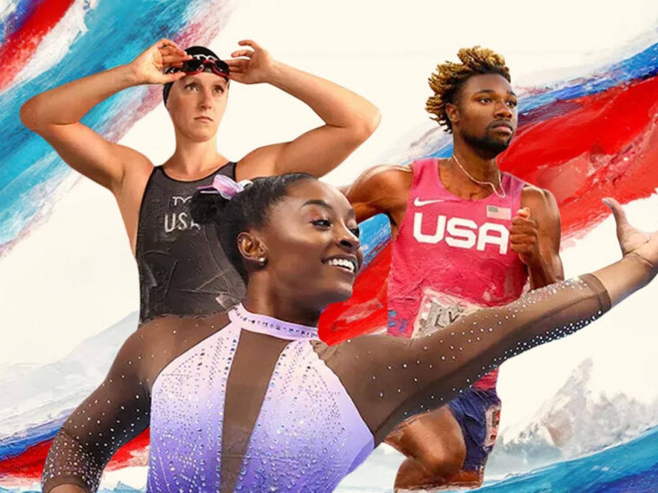 Three athletes in action. Red, white, blue, teal streaks in the background