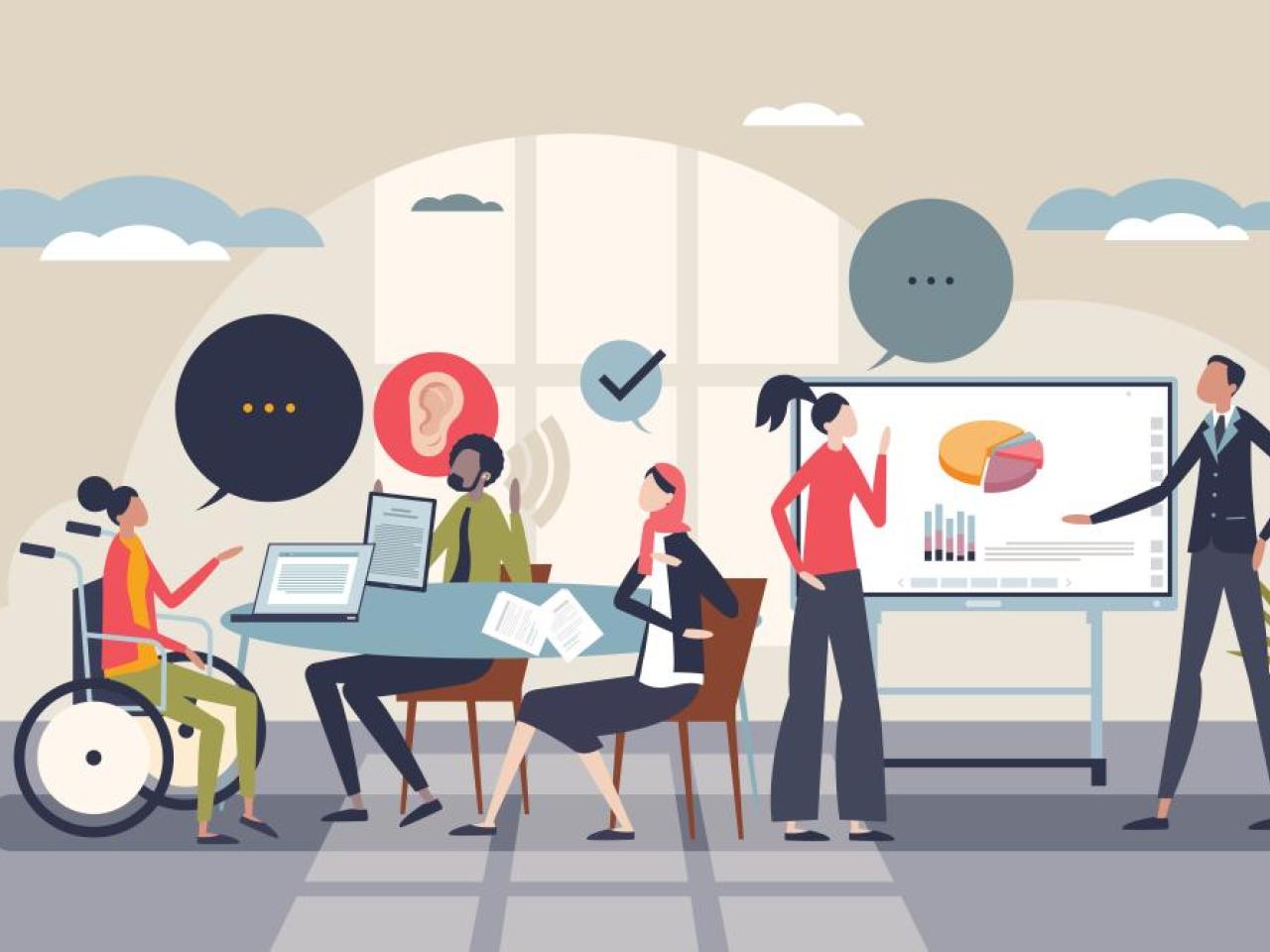 Cartoon illustration depicting a diverse mix of co-workers seated at a table with computers, standing next to a video board and surrounded by plants, clouds and windows, all meant to represent different facets of Corporate Responsibility brough to life within a business setting.