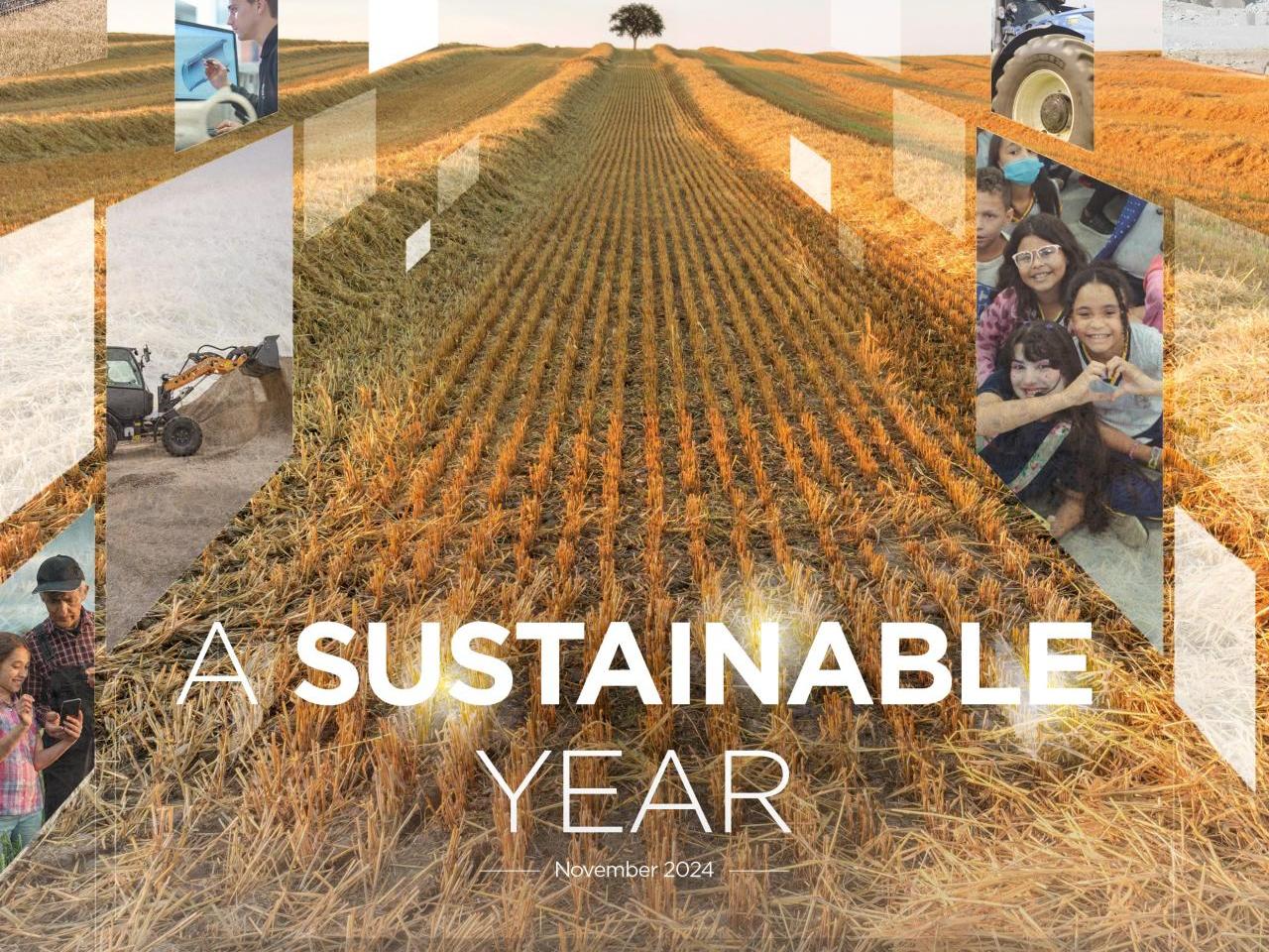 Cover page "CNH A Sustainable Year". A far view of a crop field leading to a single tree. A gallery of images imposed on the sides.