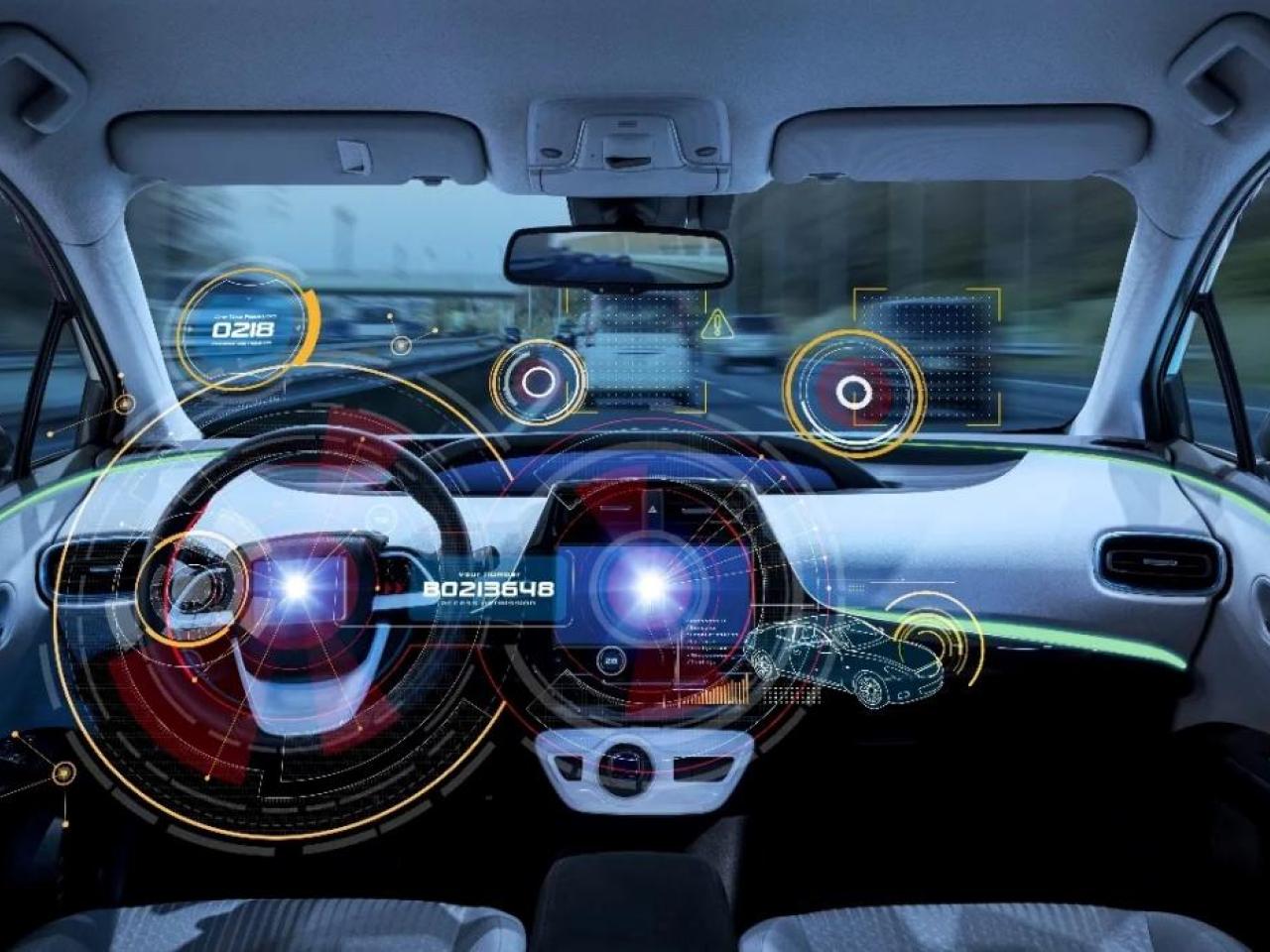 The interior of a vehicle with digitized overlay with different measurement devices.