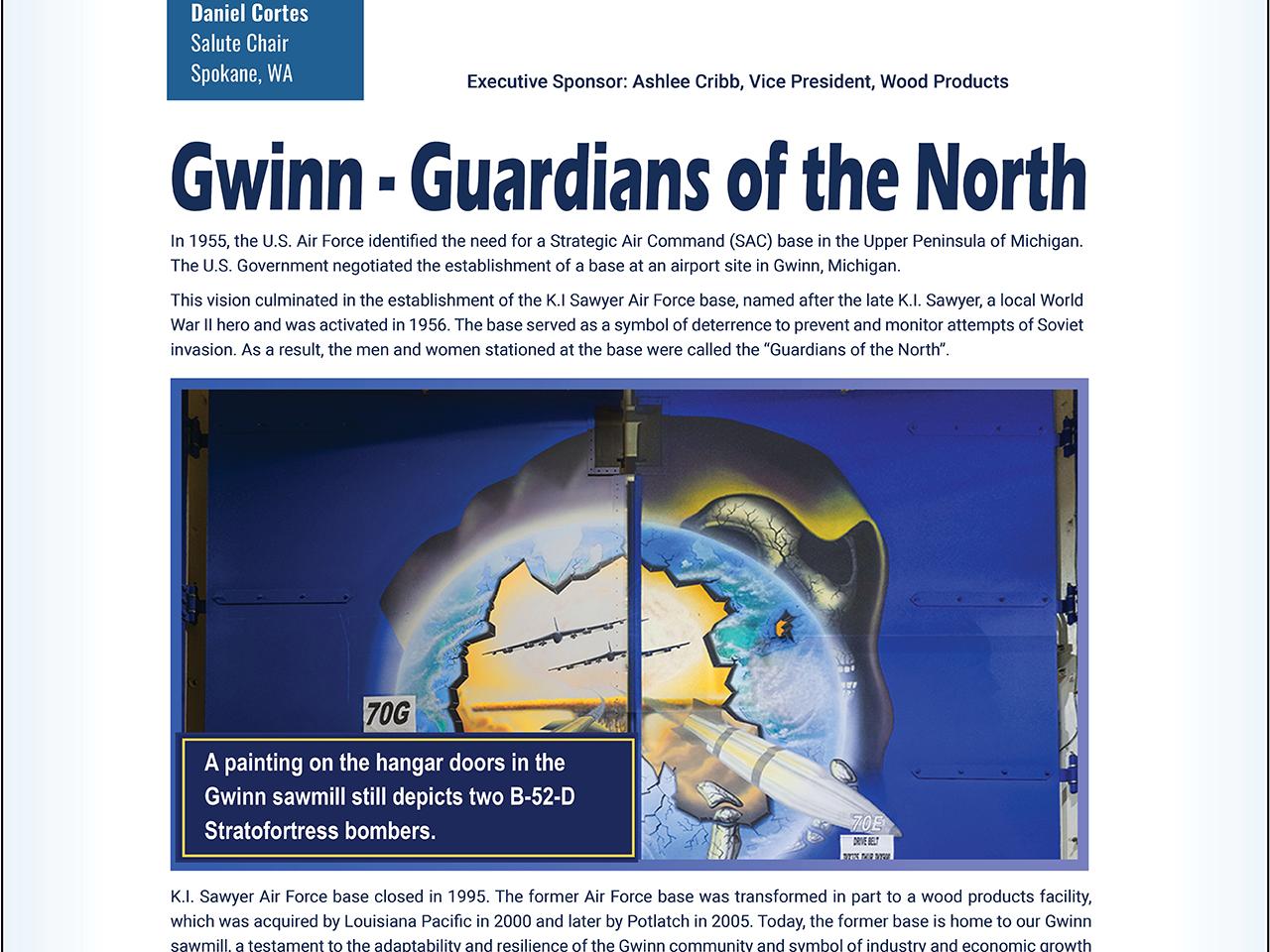 Info graphic "V Salute" Mission statement and "Gwinn-Guardians of the North" with profiles, illustrations.