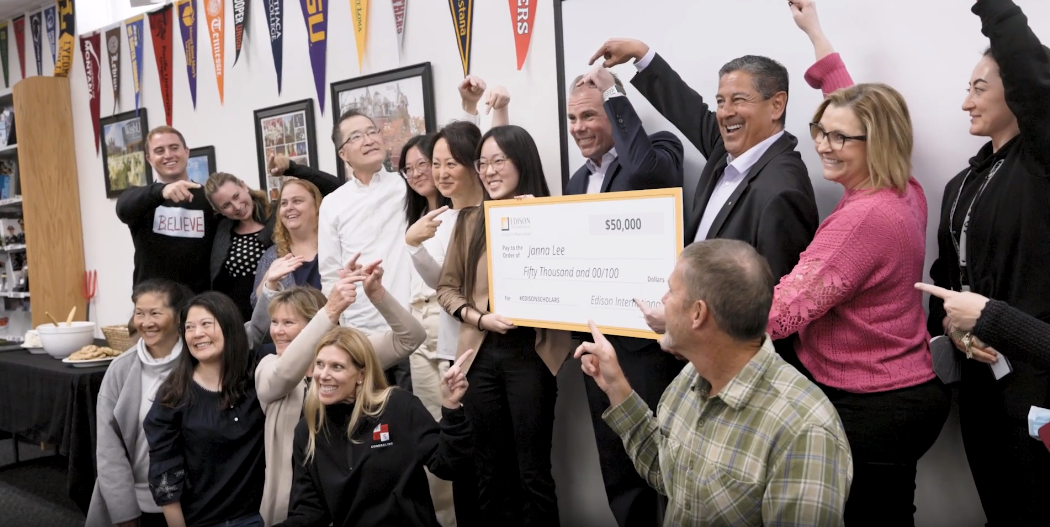 Palos Verdes High School Senior Janna Lee is suprised with a $50,000 scholarship by Southern California Edison President and CEO Steven Powell.