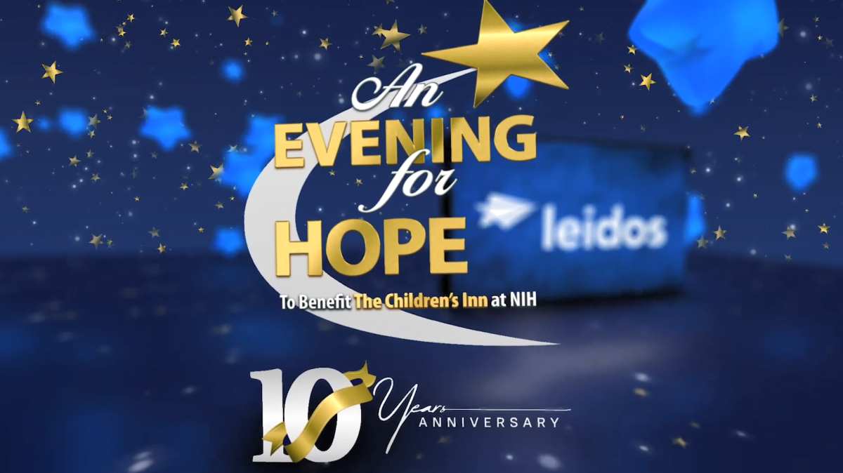 "An Evening for Hope" with stars on a dark blue background. Leidos logo behind.