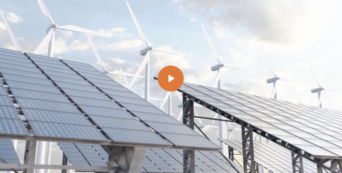 Windmills and a field of solar panels.