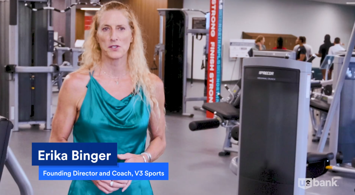 Erika Binger interviewed in a gym setting.