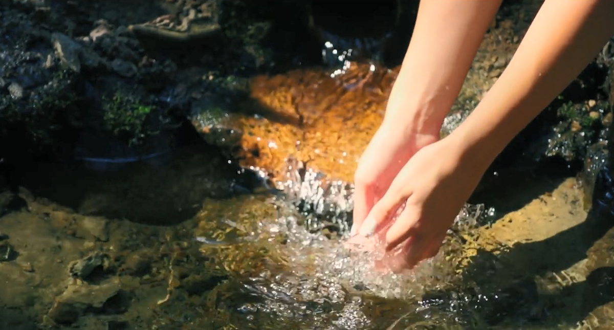 Two hands scooping up water from a stream.