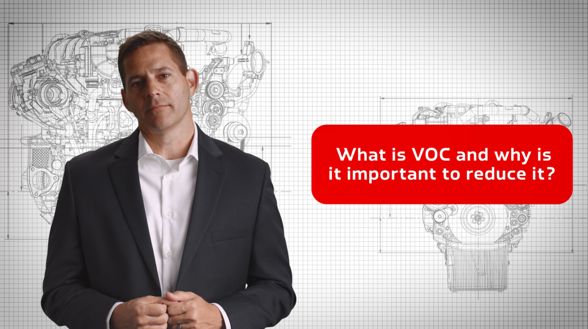 "What is VOC and why is it important to reduce them" On the left a person talking. A blueprint of an engine in the background.