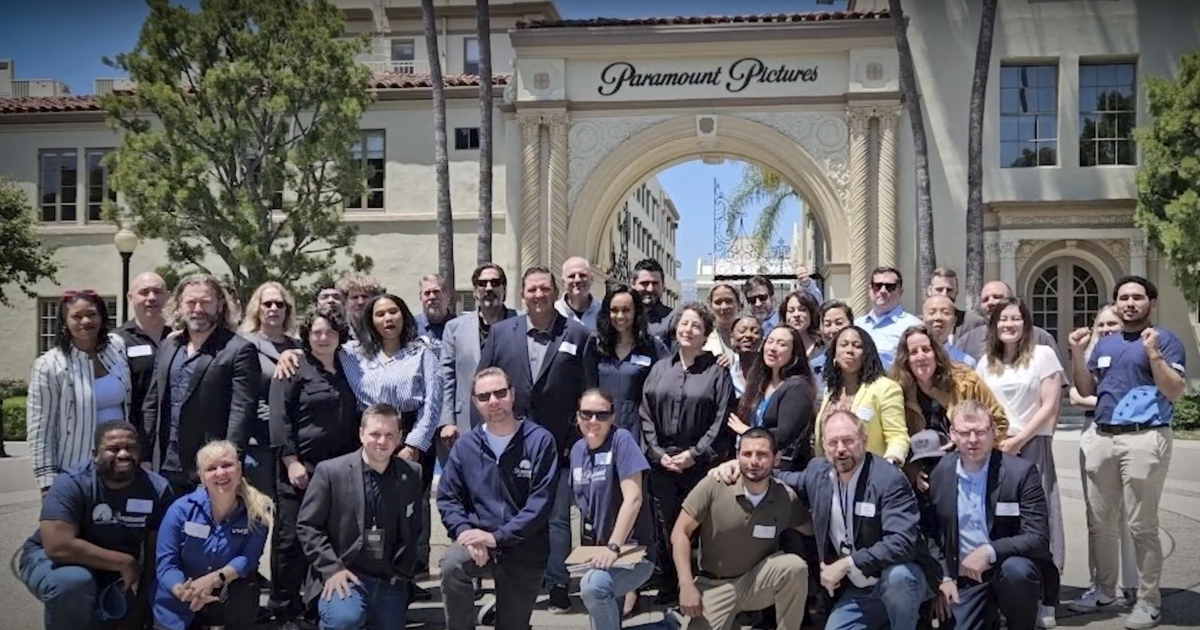 group of people in front of Paramount Pictures 